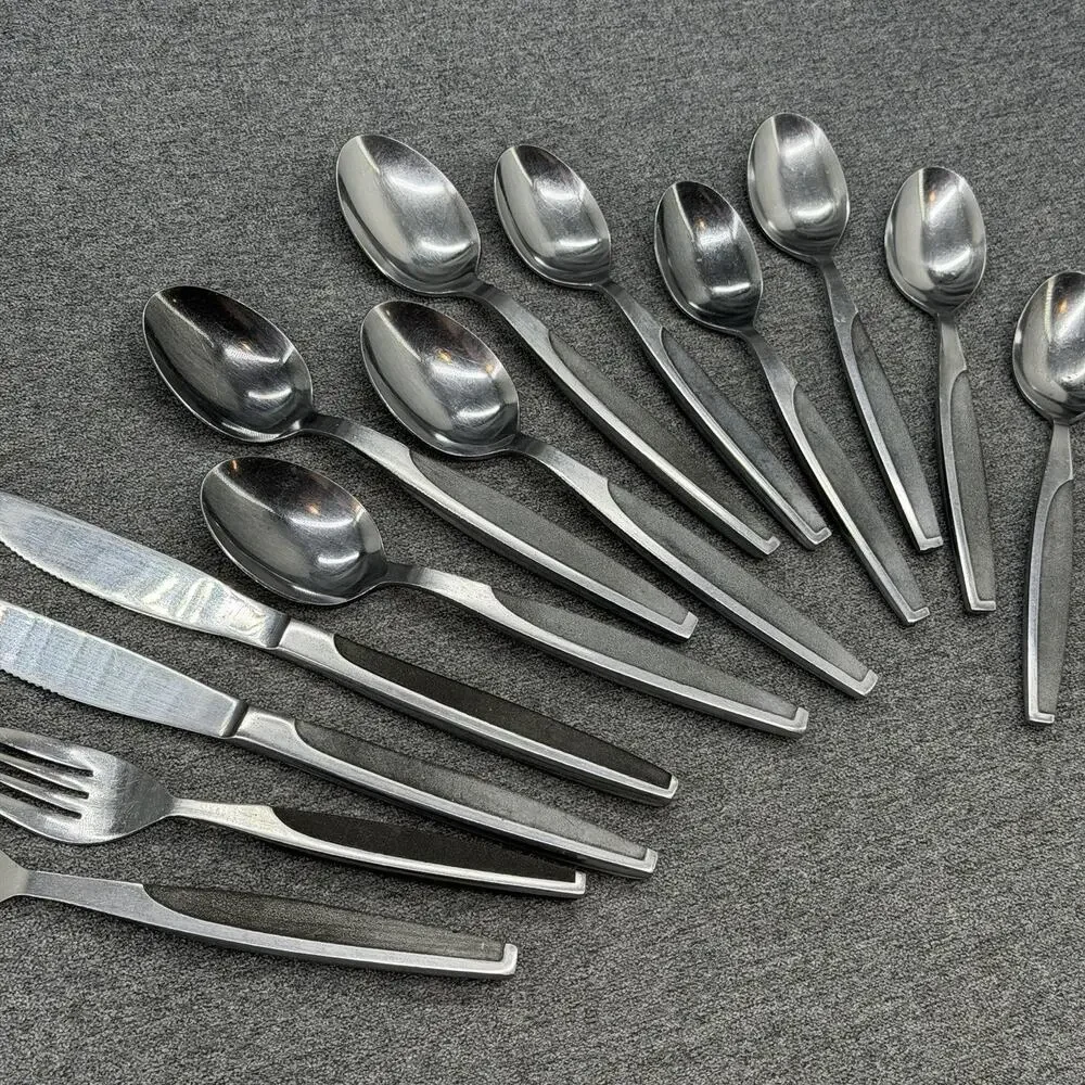 13pc Vintage Stainless Japan Knives Forks Spoons Black Inlay MCM Flatware READ